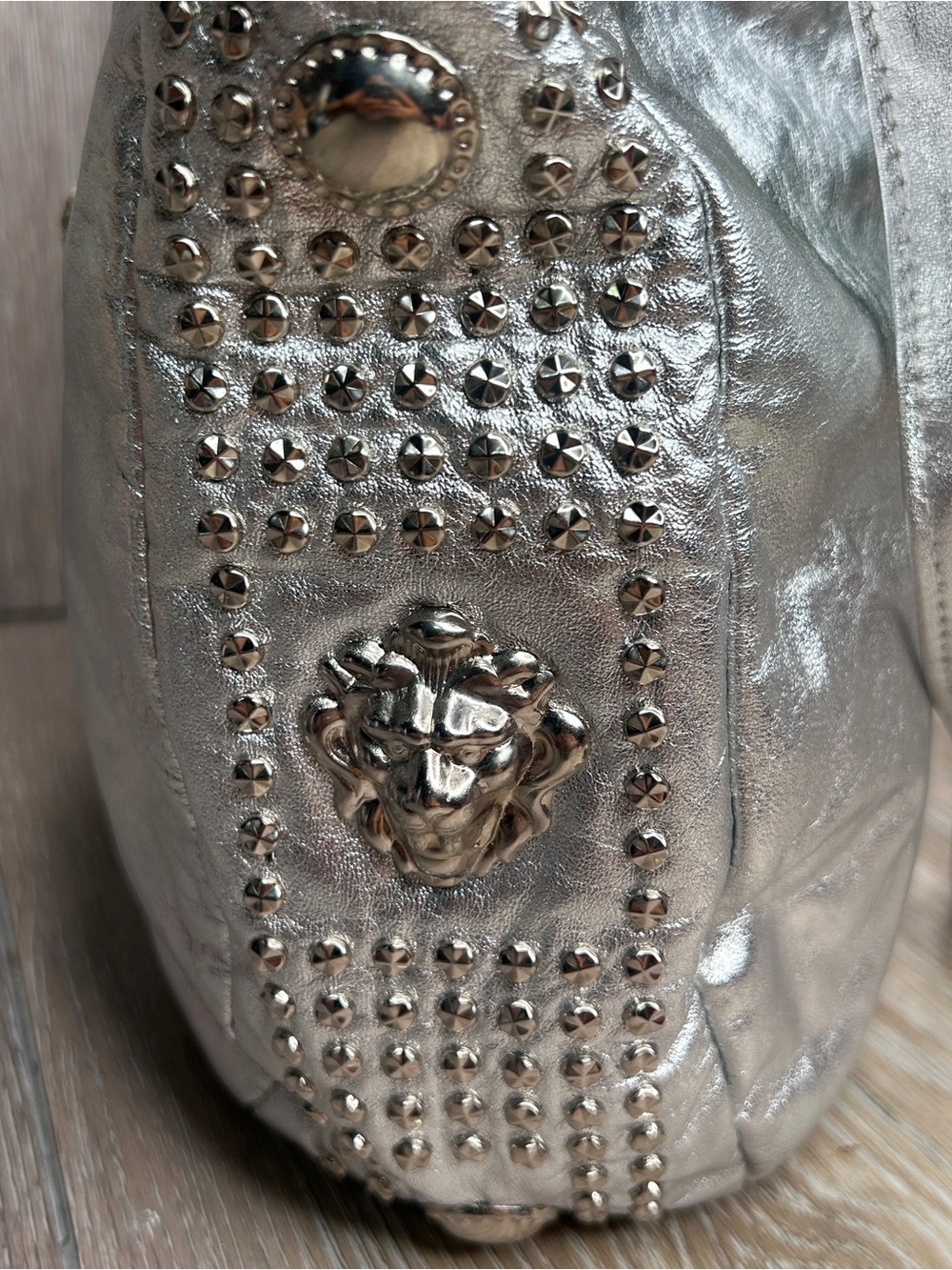 Bags by Pinky • Metallic Silver Studded Shoulder Bag • Genuine Leather •USA Made - Picture 4 of 12